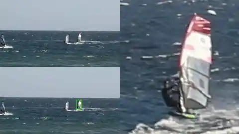 Windsurfing footage with rider detections and a stabilised focused view of one selected rider