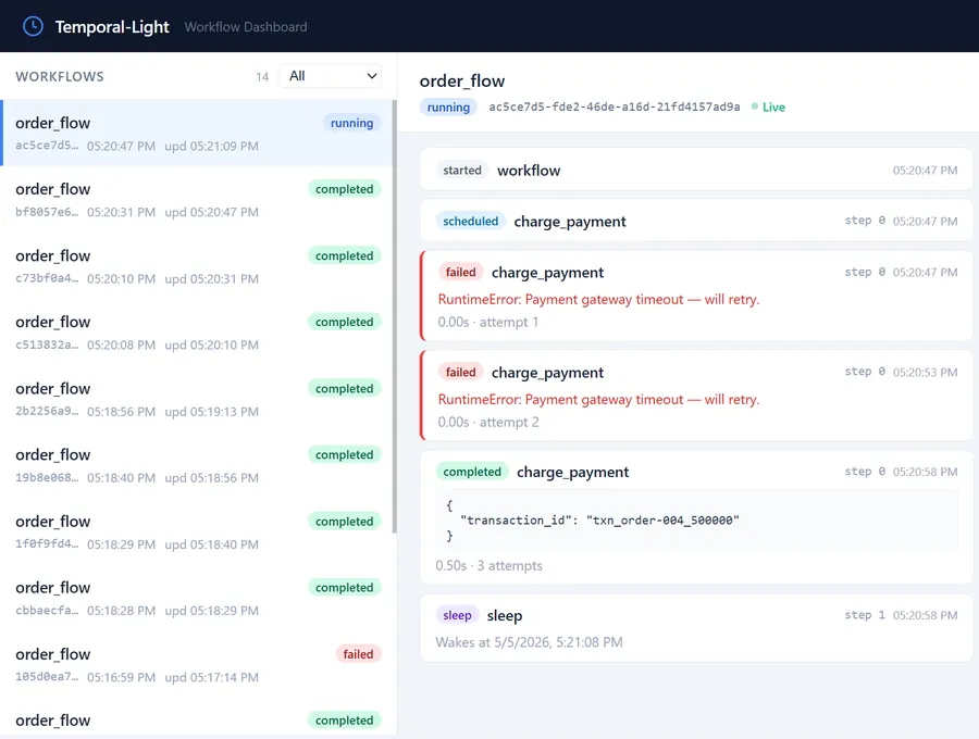 Temporal-Light dashboard listing workflows and their live event streams