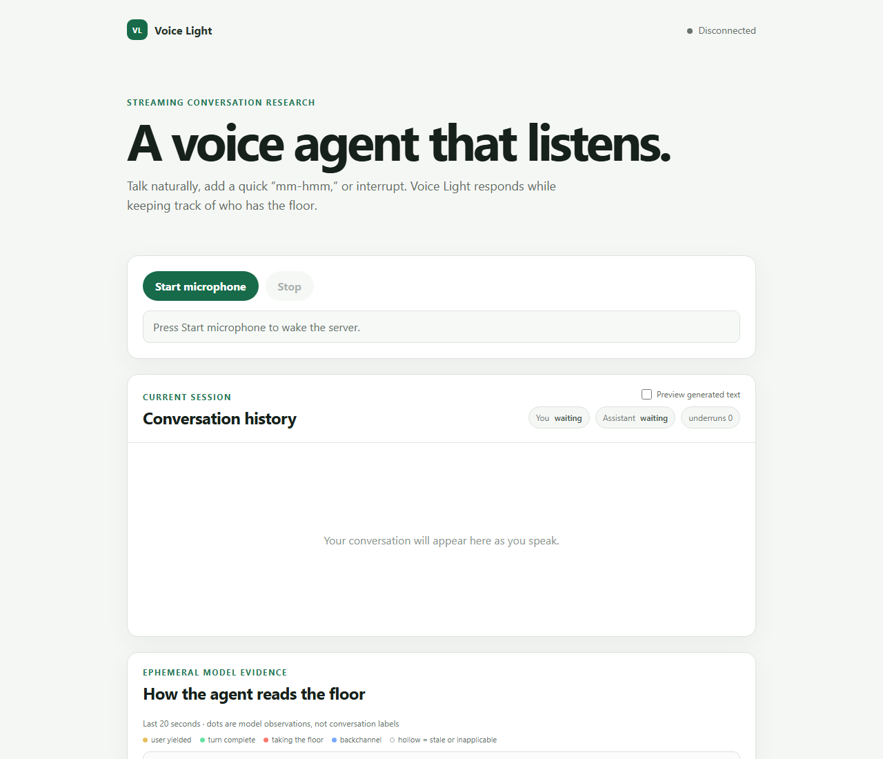 Voice Light public demo with a spoken conversation and live turn-taking graphs